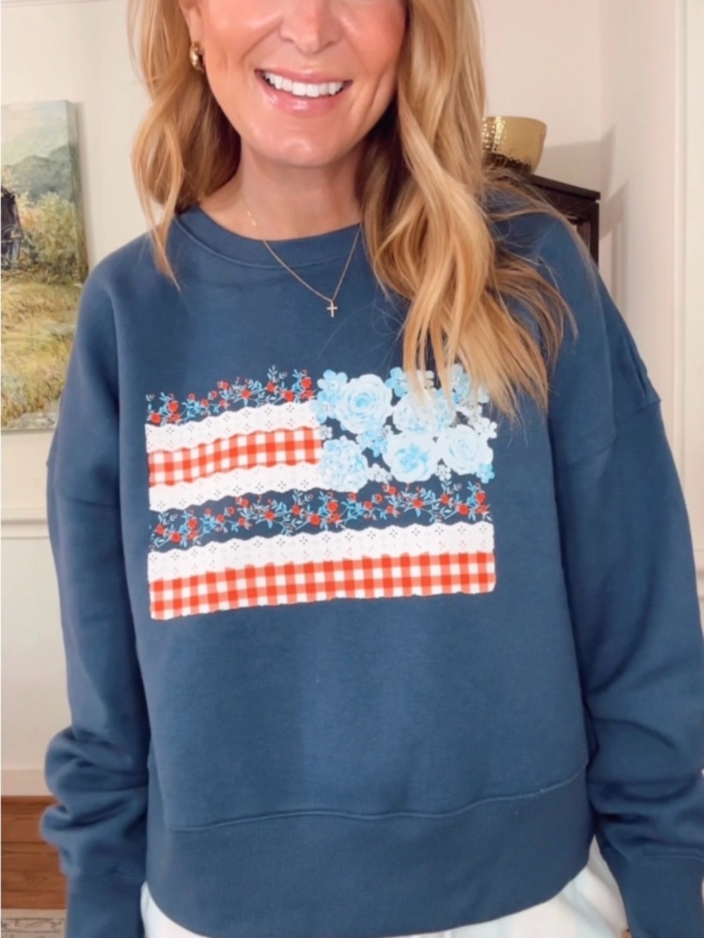 No Boundaries Blue Floral & Gingham Patchwork Flag Pullover
